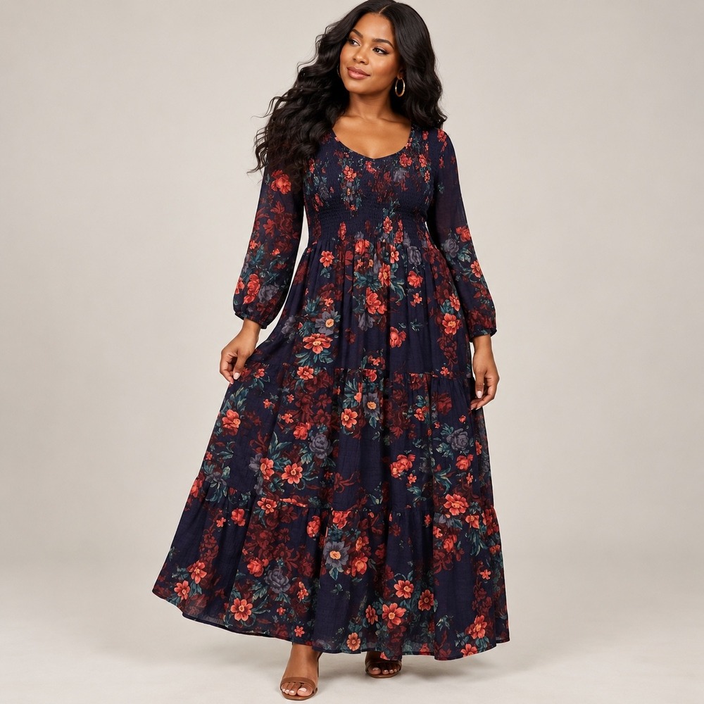 NWOT Natural Life Navy Blue Floral Smocked Tiered Boho Maxi Dress S Cottagecore